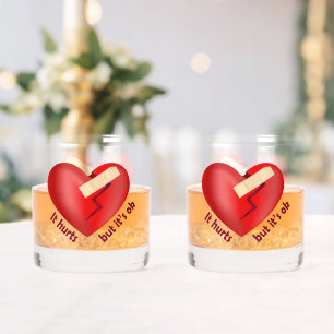 Broken heart healed with patch and life quote whiskey glass