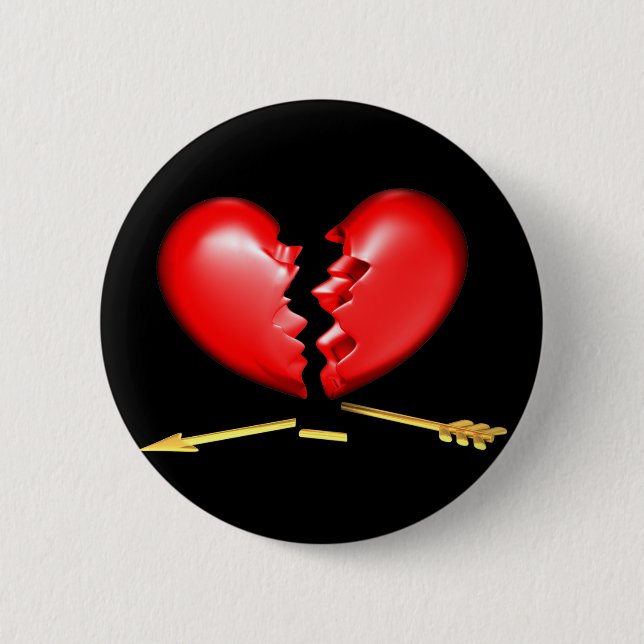 Broken heart with broken golden arrow 6 cm round badge (Front)