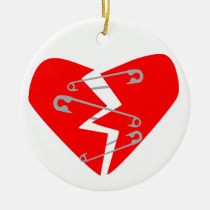 Broken Heart with Safety Pins Ceramic Tree Decoration