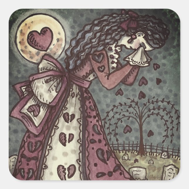 BROKEN HEARTED WEEPING VALENTINE, CEMETERY GOTH SQUARE STICKER (Front)