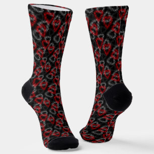 Broken hearts red and grey on black background socks