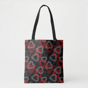 Broken hearts red and grey on black background tote bag