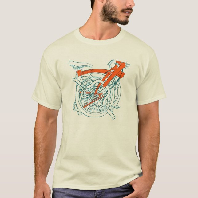 Brompton bicycle T-shirt, blue and orange. T-Shirt (Front)