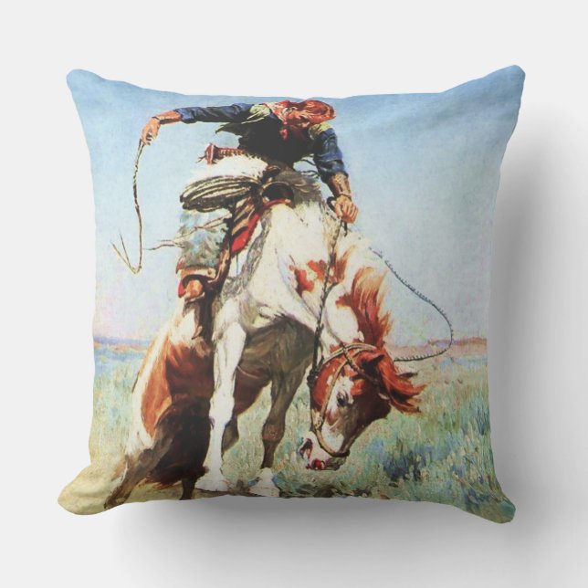 “Bronco Rider” Western Art by W Herbert Dunton Cushion (Front)