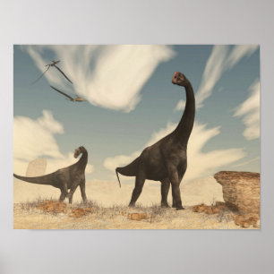 Brontomerus dinosaurs in the desert - 3D render Poster