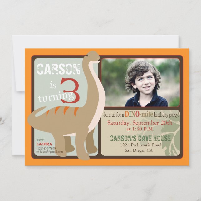 Brontosaurus Dinosaur Third Birthday Invitation (Front)