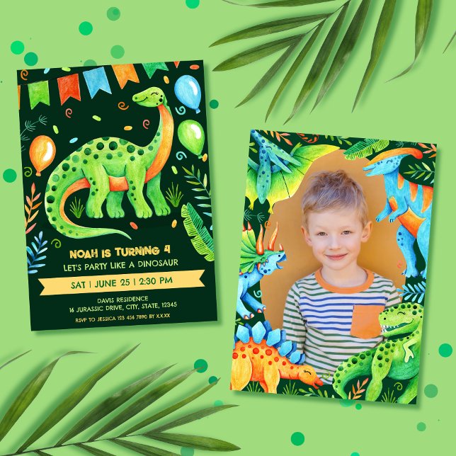 Brontosaurus Jurassic Boy Dinosaur Party Photo Invitation (Brontosaurus Cute Dinosaur Boys Birthday Invitation)