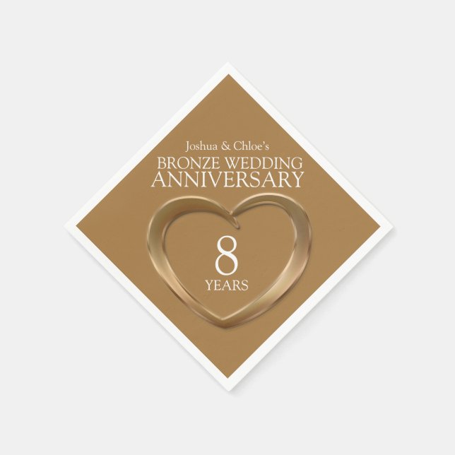 Bronze 8th Wedding Anniversary heart names napkins (Corner)