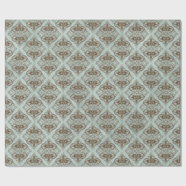 Bronze and Aqua Vintage Damask Wrapping Paper (Flat)