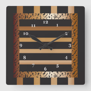 Bronze and Black Striped Leopard Print Square Wall Clock