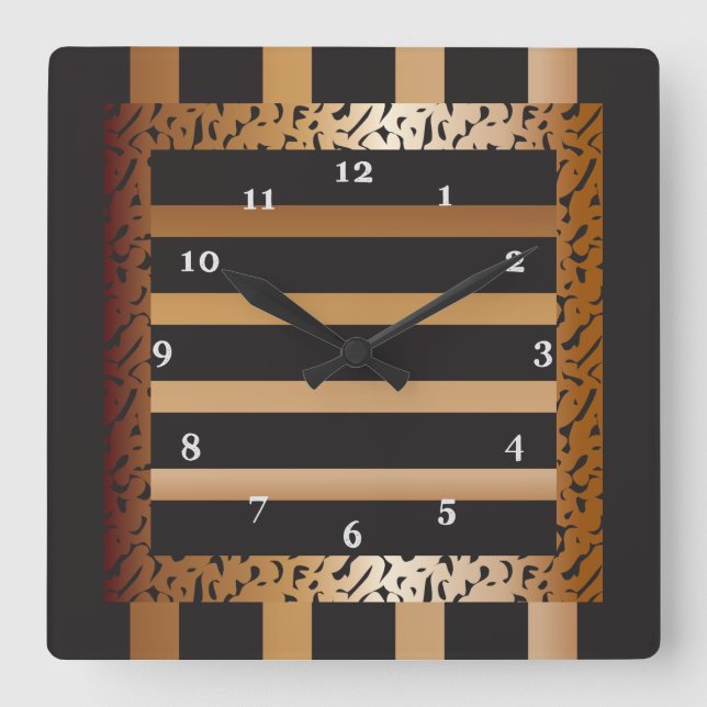 Bronze and Black Striped Leopard Print Square Wall Clock (Front)