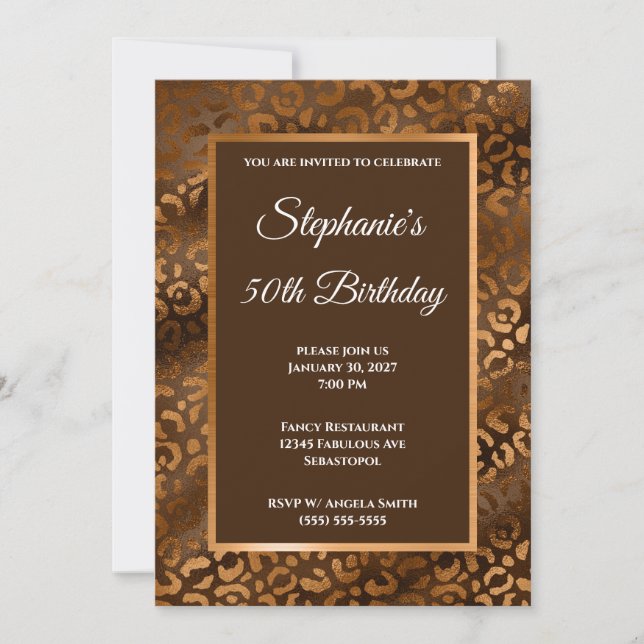 Bronze and Brown Foil Leopard Glam 50th Birthday Invitation (Front)