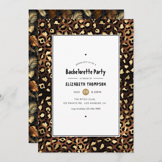 Bronze and Gold Leopard Bachelorette Party Invitation (Front/Back)