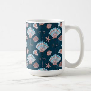 Bronze and Light Blue Seashells on Dark Ocean Blue Coffee Mug