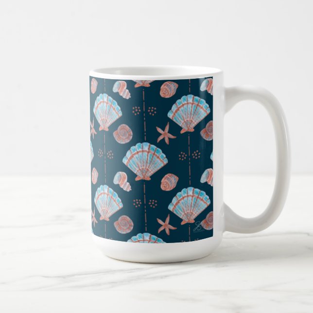 Bronze and Light Blue Seashells on Dark Ocean Blue Coffee Mug (Right)