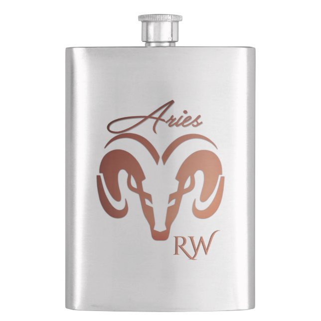 Bronze Aries the Ram Zodiac Monogram Hip Flask (Front)