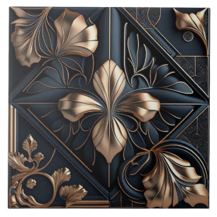 Bronze Art Deco Floral Diamond Motif Ceramic Tile