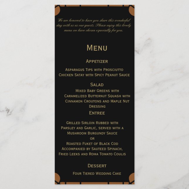 Bronze Art Deco Peacock and Floral Wedding Menu (Front)