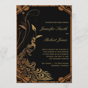 Bronze Art Deco Peacock Floral Wedding Invitation