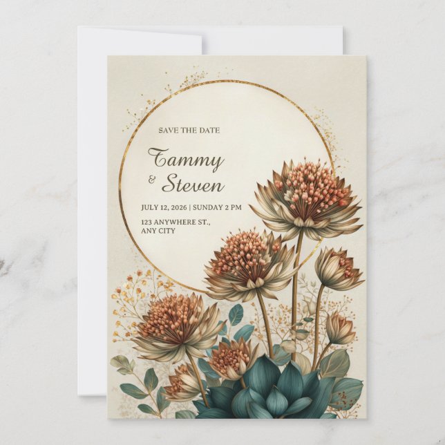 Bronze Astrantia Teal Botanical Wedding Invitation (Front)