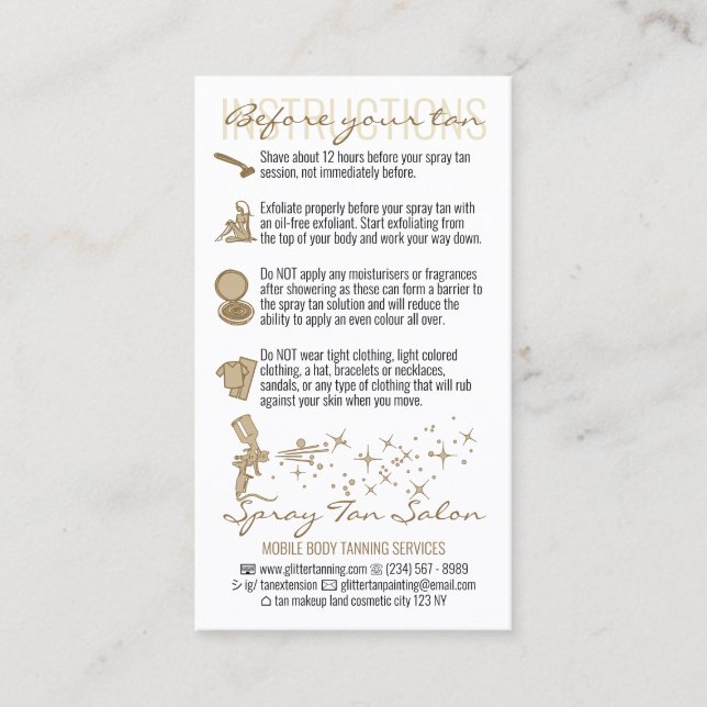 Bronze Before After Care Instruction Spray Tanning Business Card (Front)