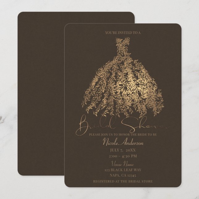 Bronze Brown Botanical Leaves Dress Bridal Shower Invitation (Front/Back)