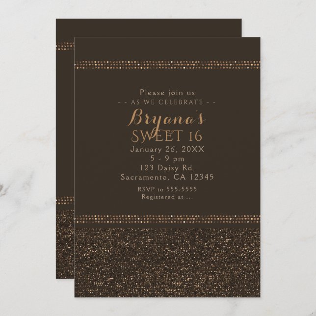 Bronze Brown Chic Sparkling Glam Party Invitations (Front/Back)