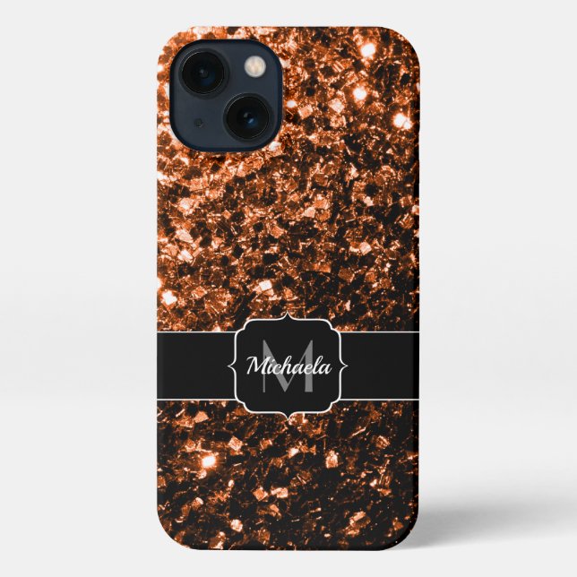 Bronze brown copper faux glitter sparkles Monogram iPhone Case (Back)