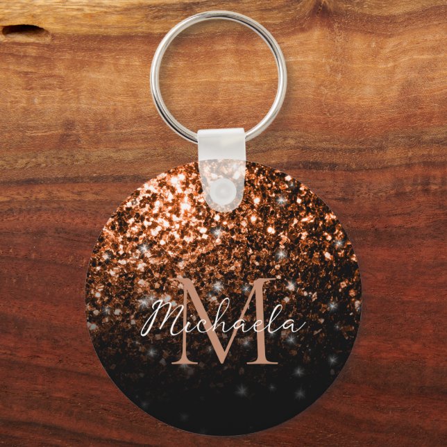 Bronze brown copper faux glitter sparkles Monogram Key Ring (Front)