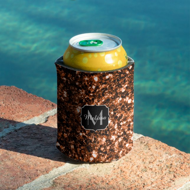 Bronze brown copper faux glitters sparkle Monogram Can Cooler (In Situ Pool)