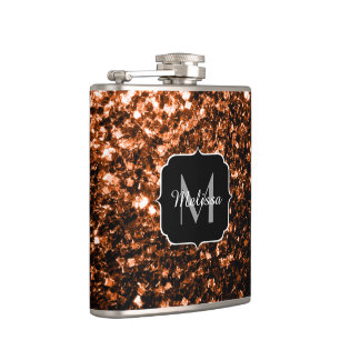 Bronze brown copper faux glitters sparkle Monogram Hip Flask