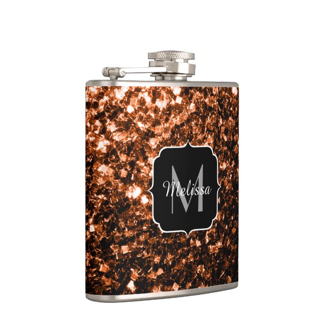Bronze brown copper faux glitters sparkle Monogram Hip Flask (Right)