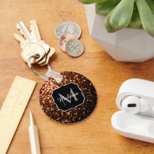 Bronze brown copper faux glitters sparkle Monogram Key Ring