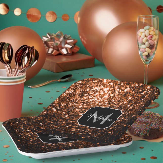 Bronze brown copper faux glitters sparkle Monogram Paper Plate (Multi)