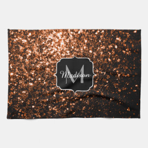 Bronze brown copper faux glitters sparkle Monogram Tea Towel