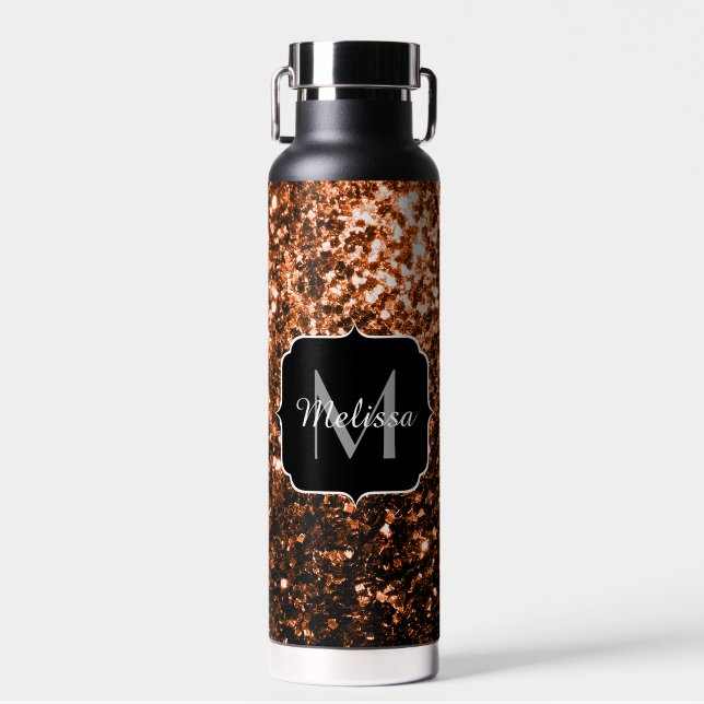 Bronze brown copper faux glitters sparkle Monogram Water Bottle (Front)