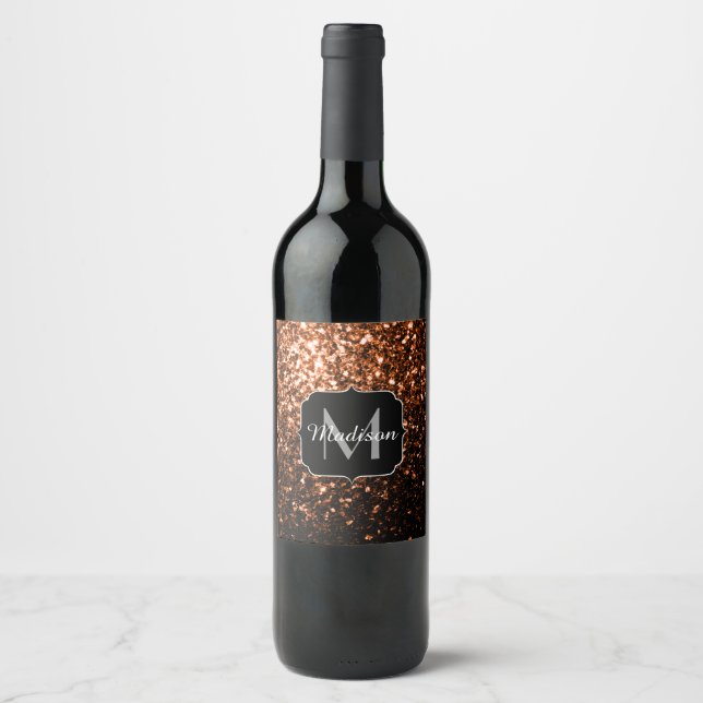 Bronze brown copper faux glitters sparkle Monogram Wine Label (Front)
