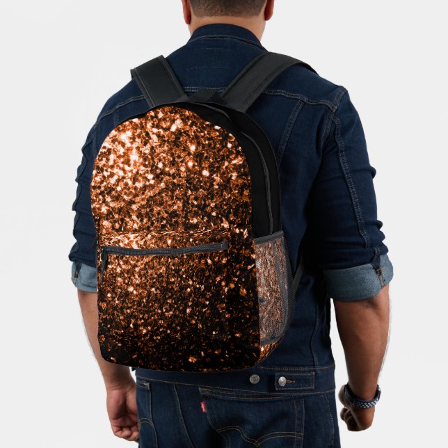 Bronze brown faux glitter sparkles and black printed backpack (Insitu (Model))