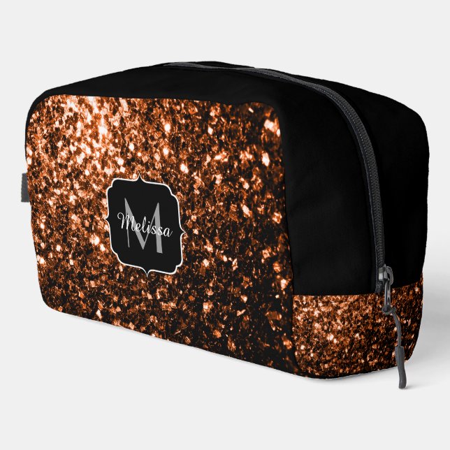 Bronze brown faux glitter sparkles black Monogram Dopp Kit (Right Corner)