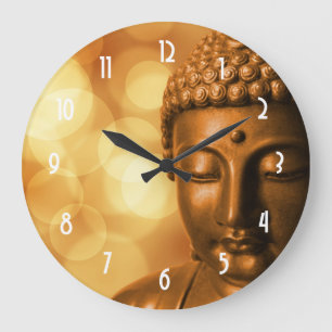 Bronze Buddha Statue with Golden Bokeh Background Large Clock