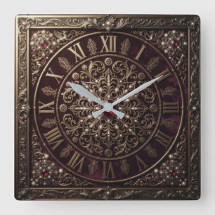 Bronze Burgundy Velvet Victorian Ruby Gem Square Wall Clock