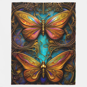 Bronze Butterflies on Aqua Blue Fleece Blanket