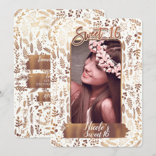 Bronze Copper Foil Modern Sweet 16 Birthday Photo Invitation