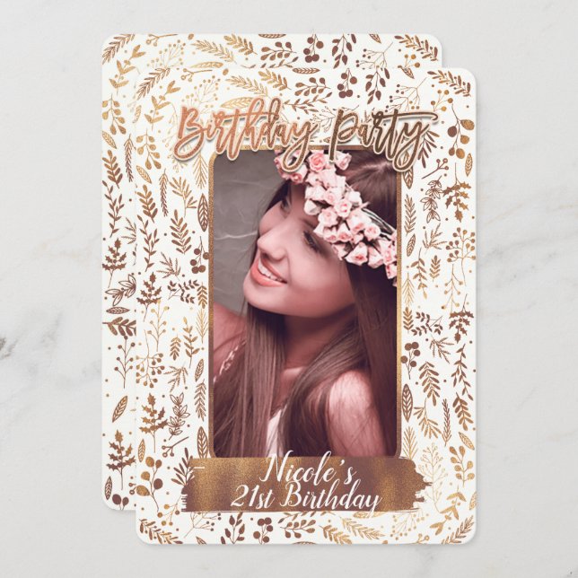 Bronze Copper Gold Modern Birthday Party Photo Invitation (Front/Back)