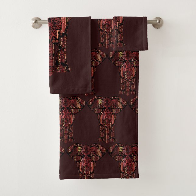Bronze & Dark Maroon Elephants Bath Towel Set (Insitu)