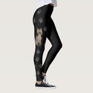 Bronze Egyptian Mau Cute Cartoon Cat & Paws Black Leggings