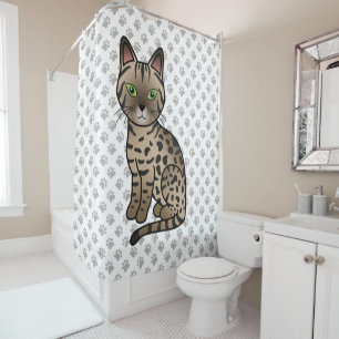 Bronze Egyptian Mau Cute Cartoon Cat & Paws Shower Curtain