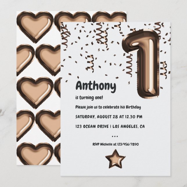 Bronze Faux Foil Balloon 1st Birthday Invitation (Front/Back)