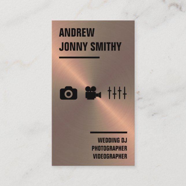 Bronze Faux Wedding DJ, Photographer, Videographer Business Card (Front)