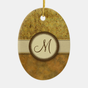 Bronze Feather Pattern with Monogram Ceramic Ornament